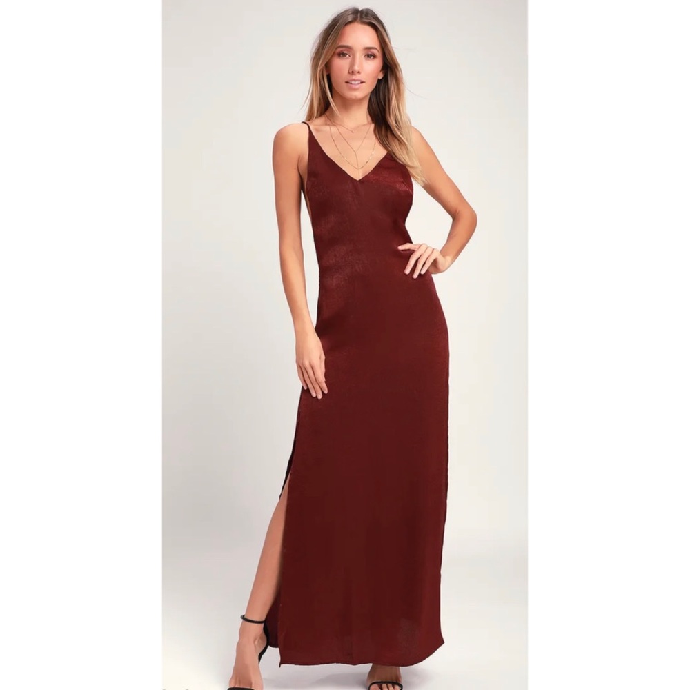NWT Nania Burgundy Backless Satin Maxi Deess